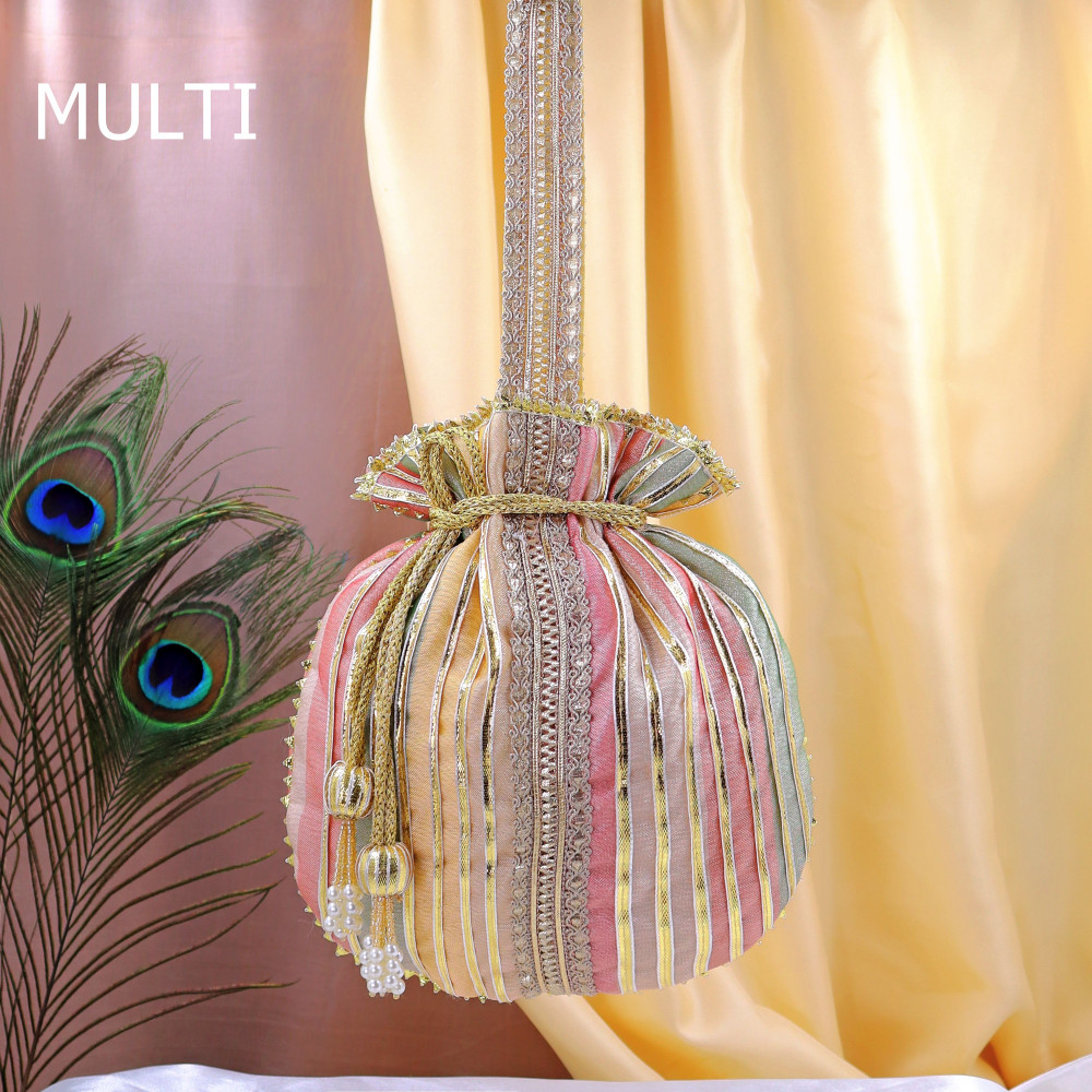 Image of Pack of 5pcs Handcrafted Festive Gota Patti Embroidery Potli Bag