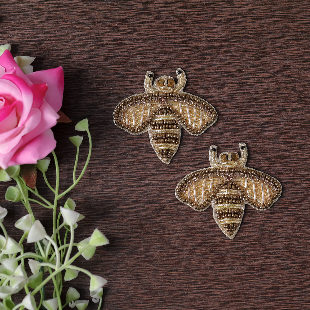 Image of Pair Of Handcrafted Beaded Bee Patch Applique | Sparkly DIY Embroidery Motif