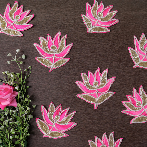 Pair of Beaded Zardozi Thread Embroidery Lotus Applique Patch | Pink & Gold