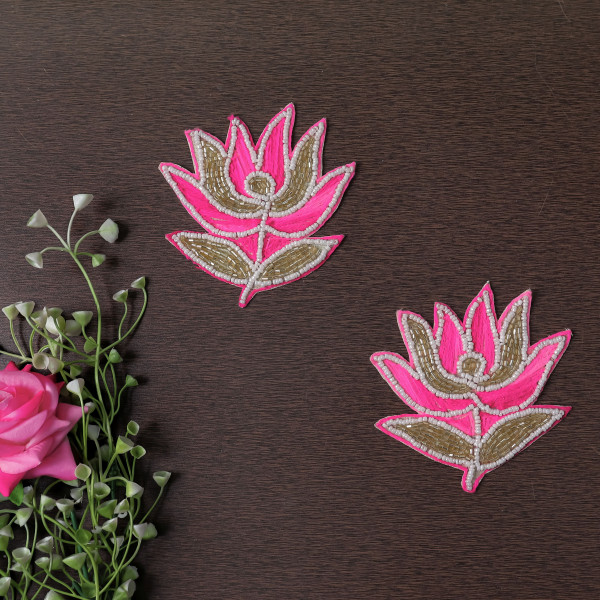 Pair of Beaded Zardozi Thread Embroidery Lotus Applique Patch | Pink & Gold