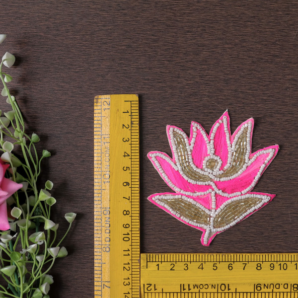 Pair of Beaded Zardozi Thread Embroidery Lotus Applique Patch | Pink & Gold