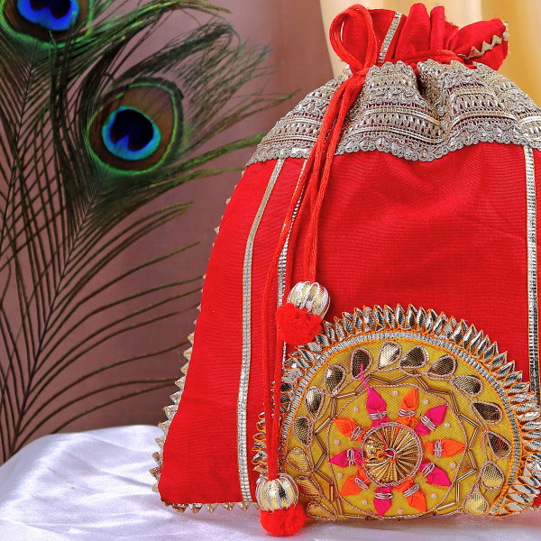 Pack of 5Pcs Luxury Gota Patti Embroidered Silk Potli Bag