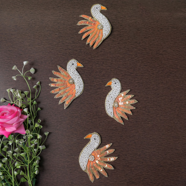 Pair Of Sequin Beaded Flamingo Patch | Embroidered Tropical Bird Applique Motif for Clothing & Crafts