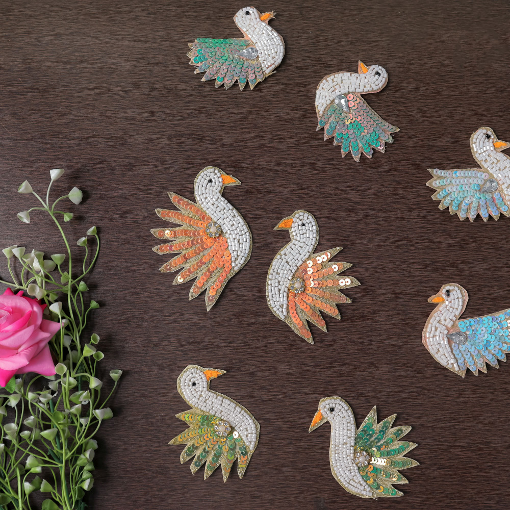Image of Pair Of Sequin Beaded Flamingo Patch | Embroidered Tropical Bird Applique Motif for Clothing &amp; Crafts