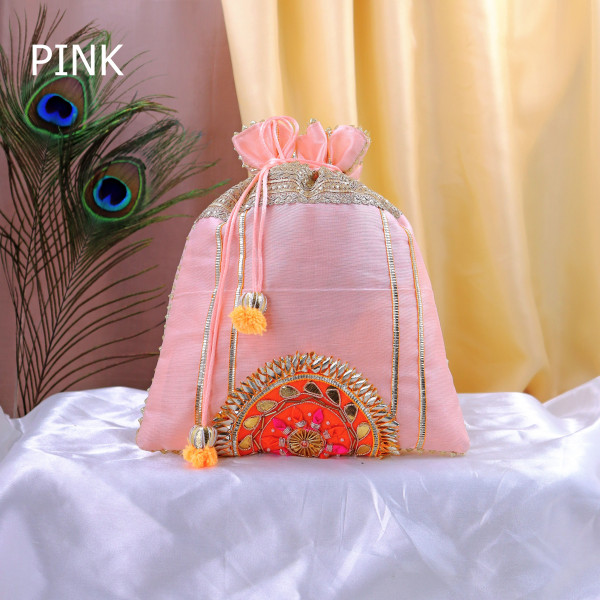 Pack of 5Pcs Luxury Gota Patti Embroidered Silk Potli Bag