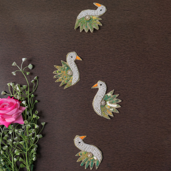 Pair Of Sequin Beaded Flamingo Patch | Embroidered Tropical Bird Applique Motif for Clothing & Crafts