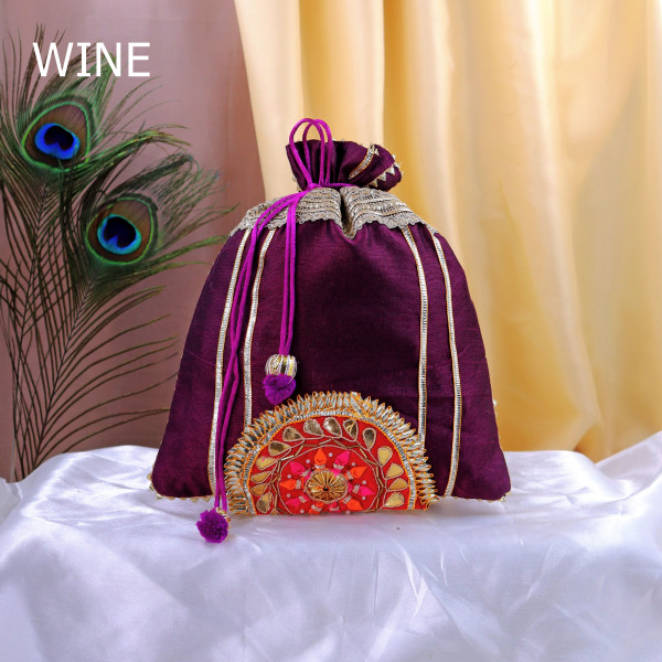 Pack of 5Pcs Luxury Gota Patti Embroidered Silk Potli Bag