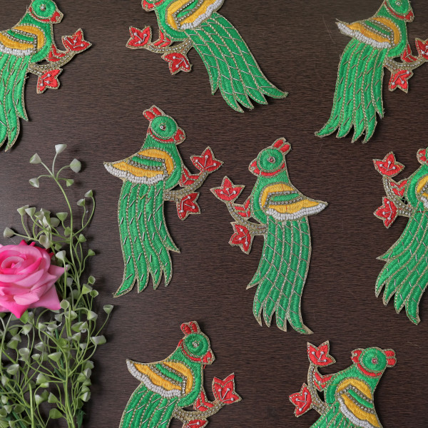 Pair of Handmade Thread & Zardozi Embroidery Parrot Applique Patch