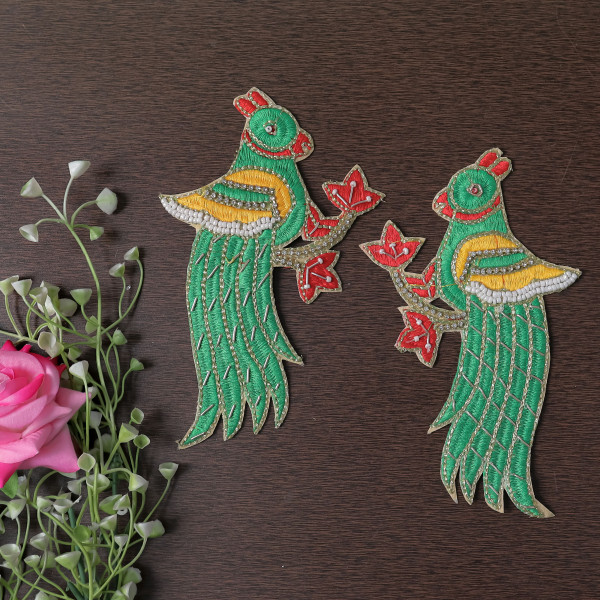 Pair of Handmade Thread & Zardozi Embroidery Parrot Applique Patch