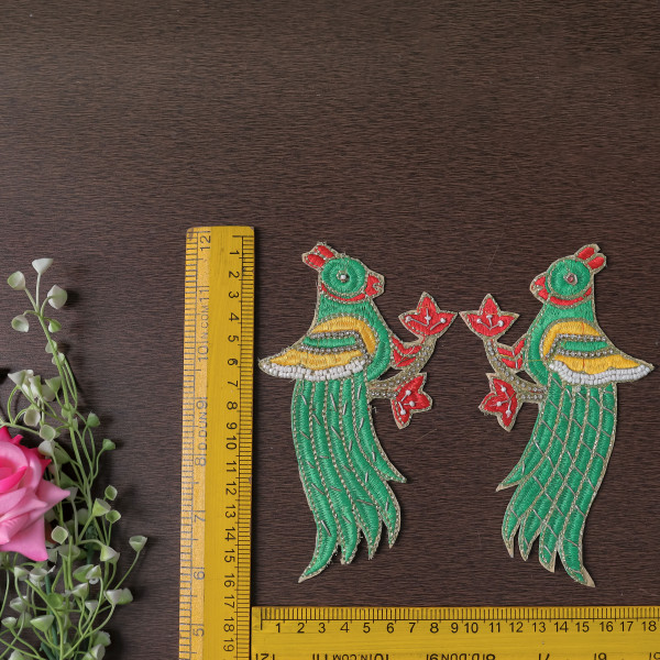 Pair of Handmade Thread & Zardozi Embroidery Parrot Applique Patch