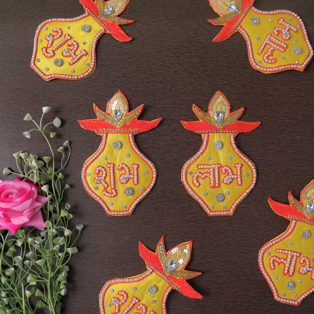 Image of Pair of Handmade Beaded Embroidery Shubh Labh Kalash Applique Patches (Set of 2)