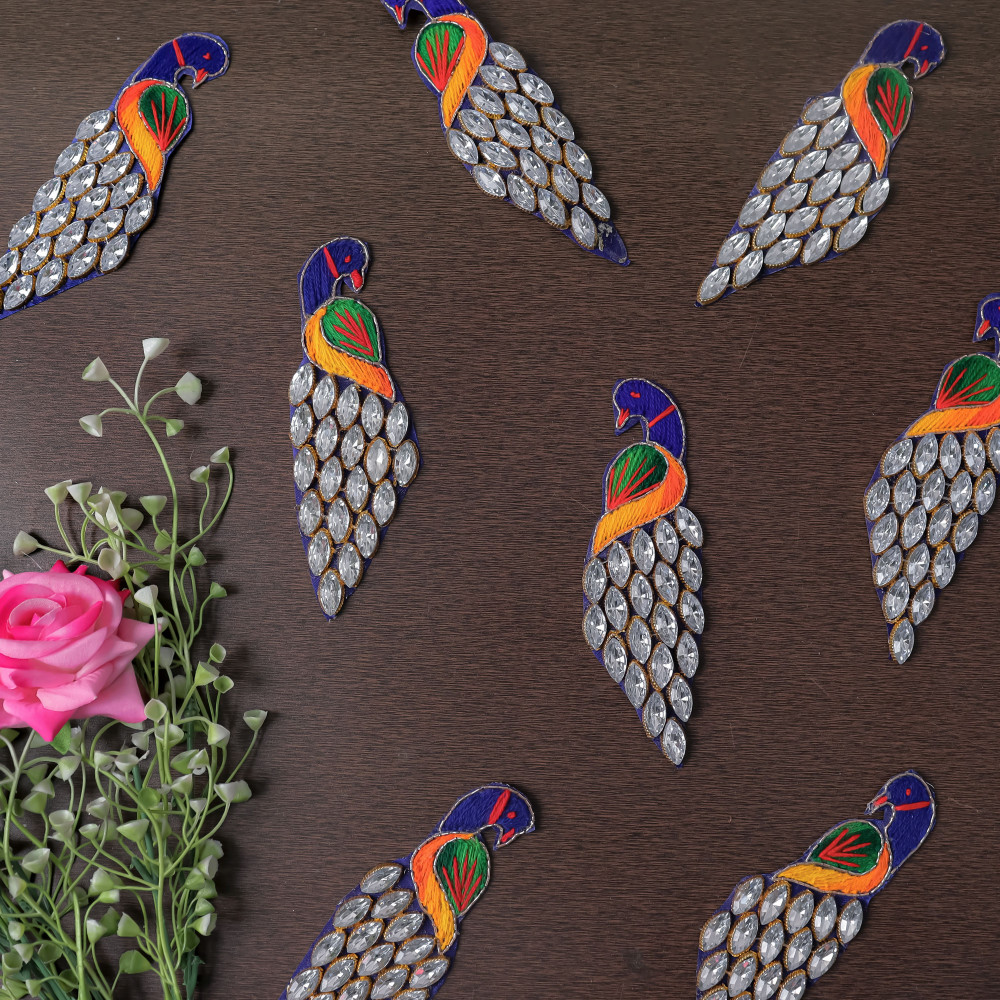 Image of Pair OF Luxury Peacock Motif Embroidered Patch with Stone Work