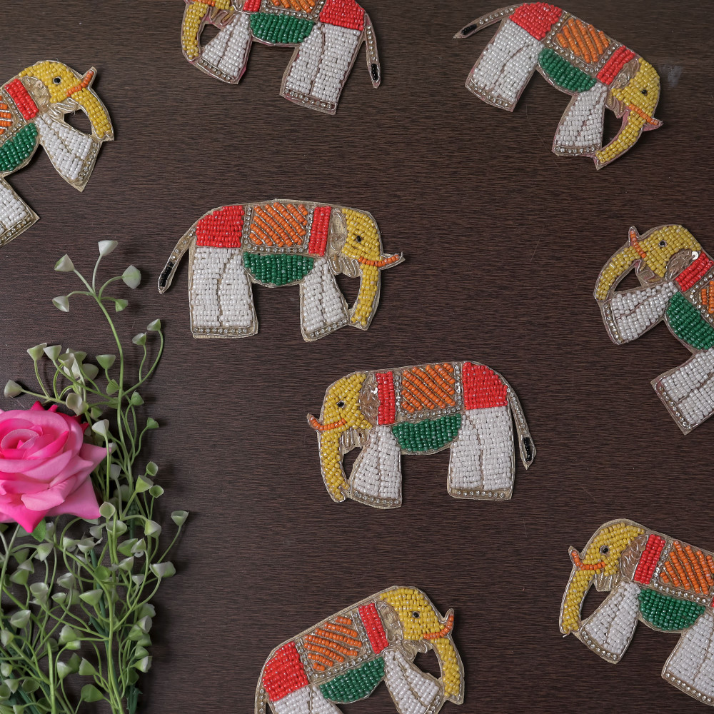 Image of Pair of Multi-Beaded Elephant Applique Patch | Handcrafted Embroidered Motif