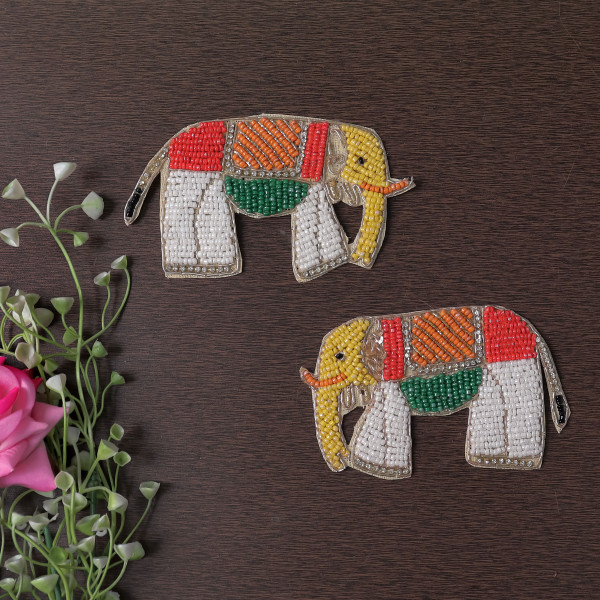 Pair of Multi-Beaded Elephant Applique Patch | Handcrafted Embroidered Motif