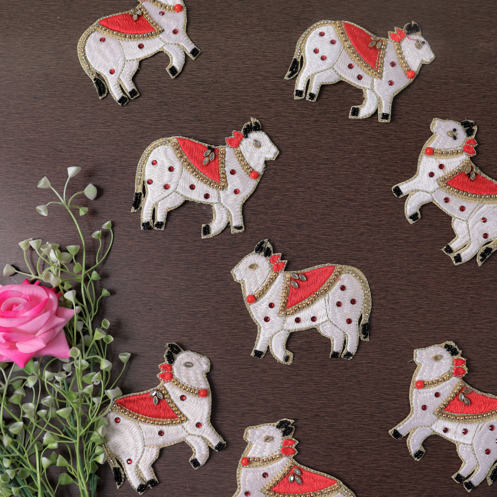 Image of Pair Of Traditional Pichwai-Inspired Embroidered Cow Patch (Set of 2)