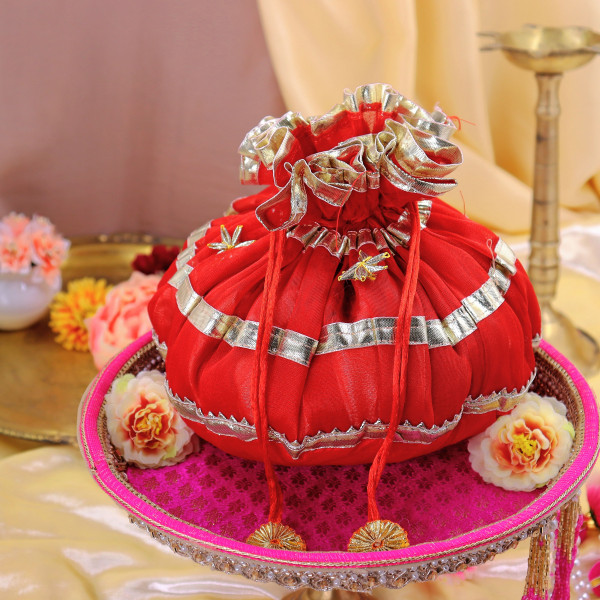 Handcrafted Embellished Gota Patti Godh Bharai Cover & Shagun Potli Set