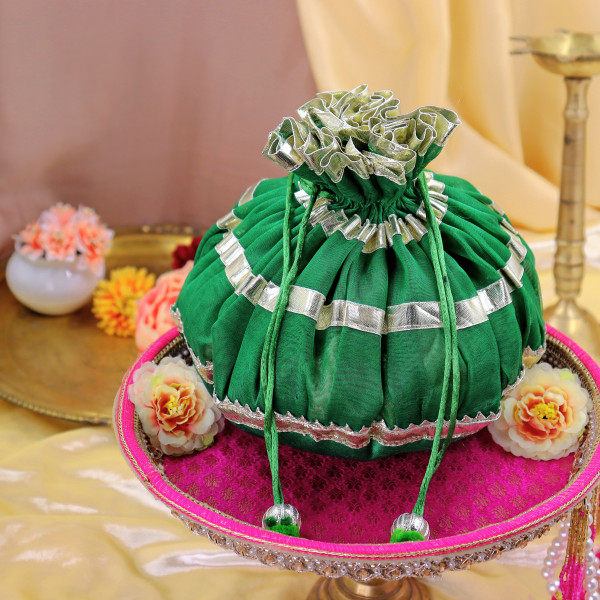 Handcrafted Embellished Gota Patti Godh Bharai Cover & Shagun Potli Set