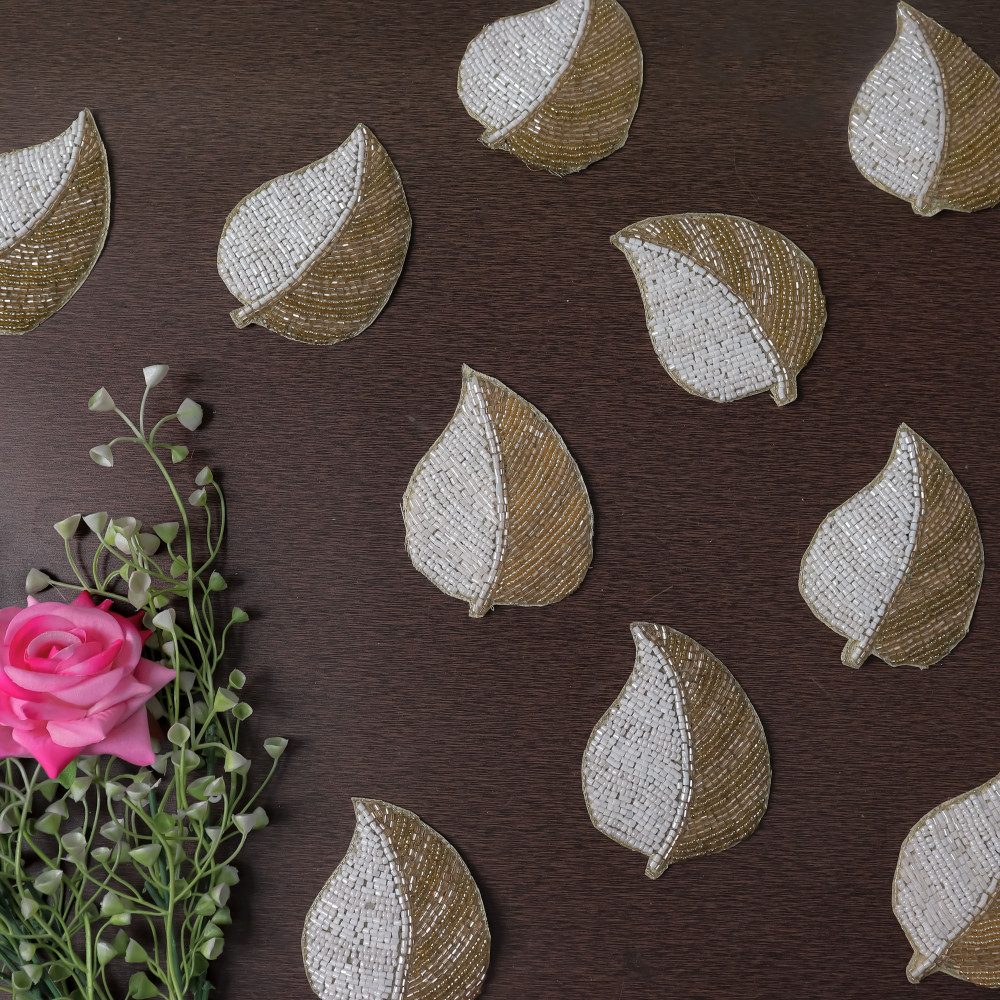 Image of pair of Handmade Glass Bead Leaf Shape Applique Patch
