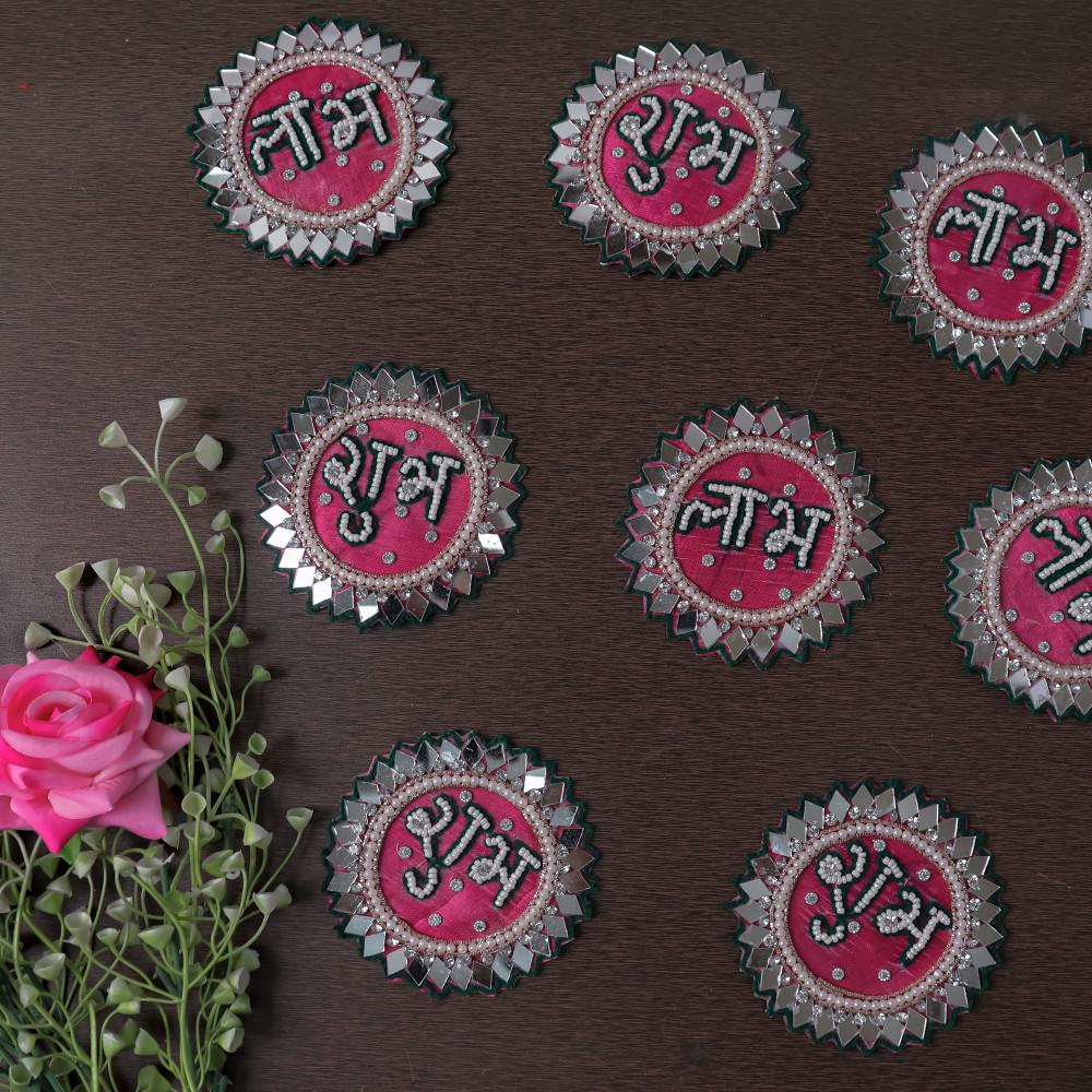 Image of Pack of 10pcs Handcrafted Mirror Beaded Shubh Labh Applique Patch