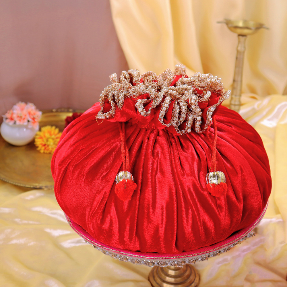 Image of Royal Red Velvet Godh Bharai Ritual Cover with Gota Patti Work