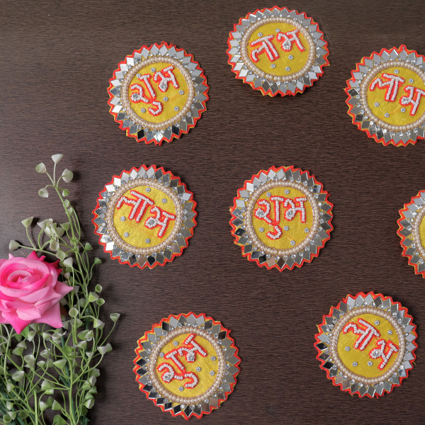 Pack of 10pcs Handcrafted Mirror Beaded Shubh Labh Applique Patch