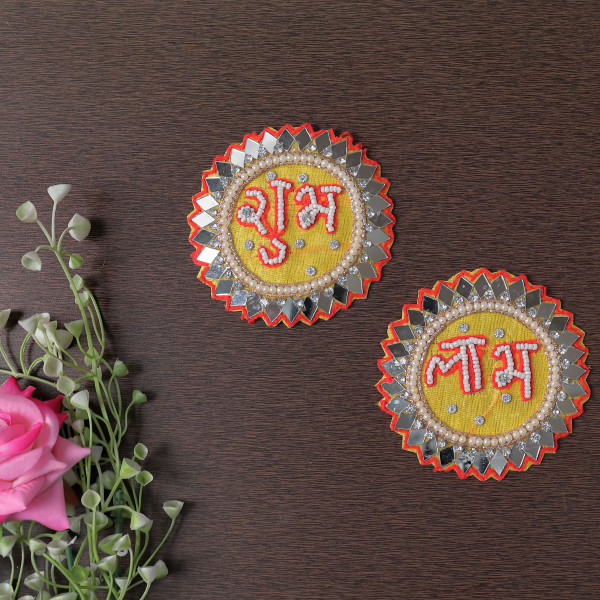Pack of 10pcs Handcrafted Mirror Beaded Shubh Labh Applique Patch