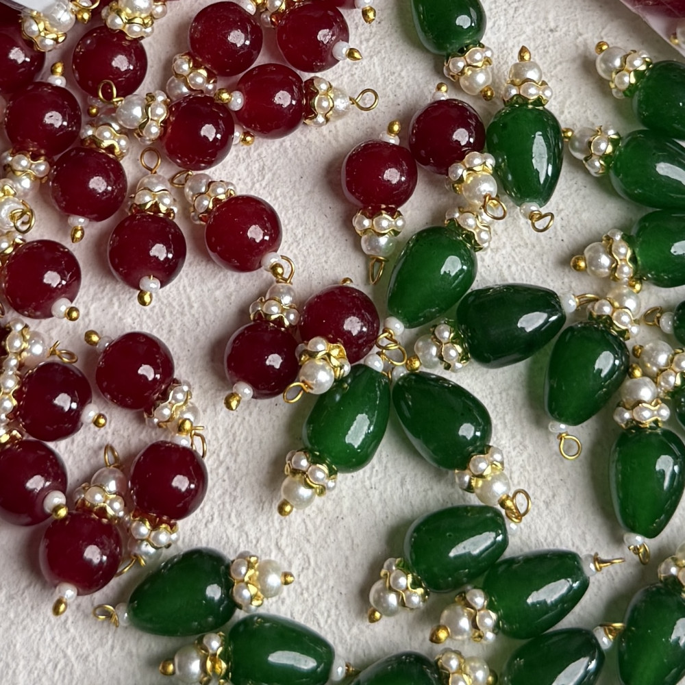 Image of Mini Crystal Hangings / Tassels – Ruby Red &amp; Emerald Green Pearl Embellished