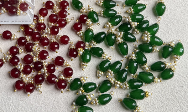 Mini Crystal Hangings / Tassels – Ruby Red & Emerald Green Pearl Embellished