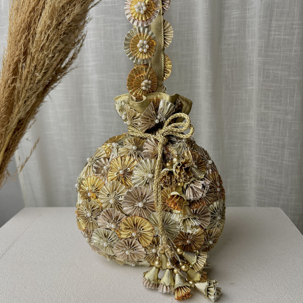 Golden Gota Flower Embellished Potli Bag