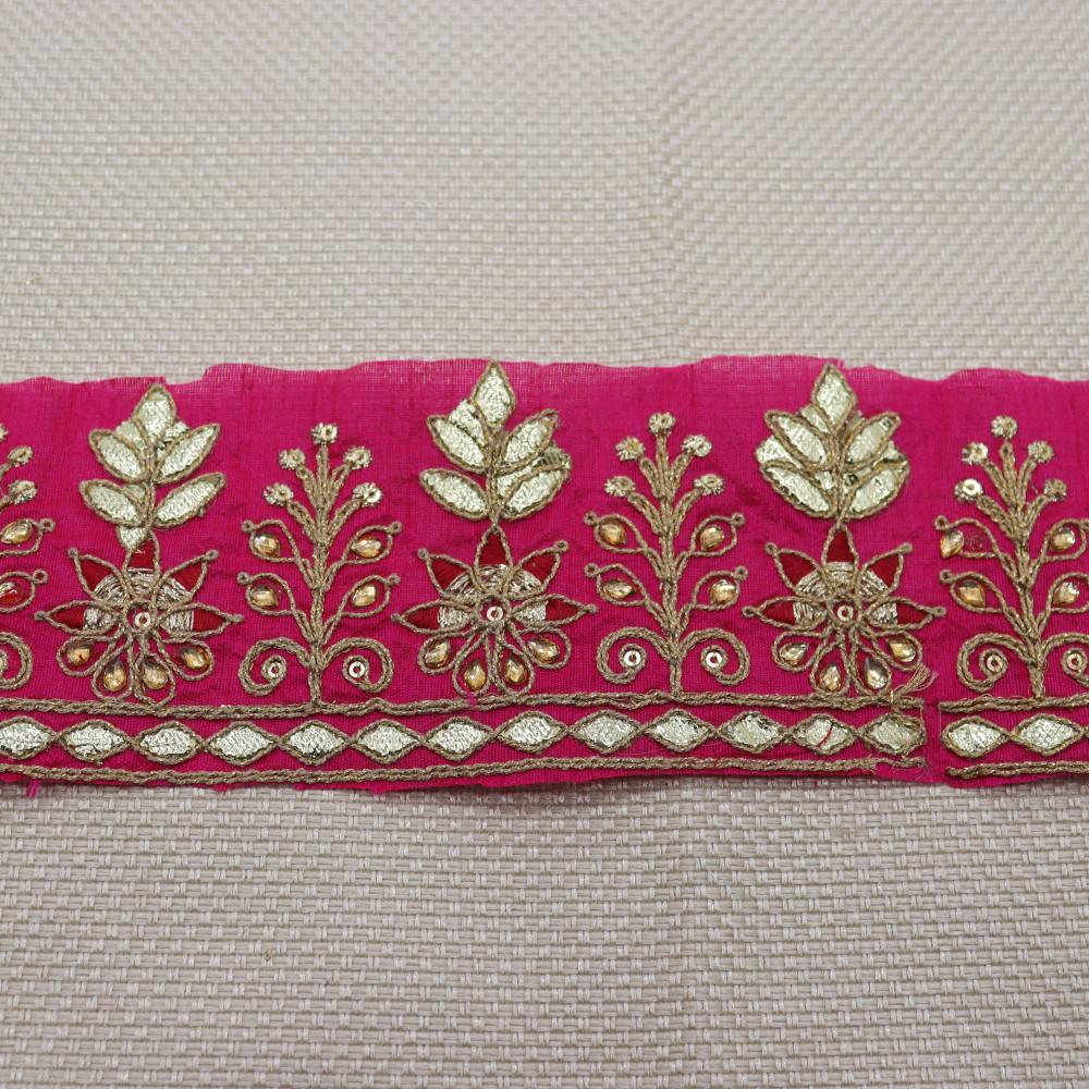 Image of Royal Flower Spark - Kundan Gota Saree Border Trim - Rani Pink Lace Edging