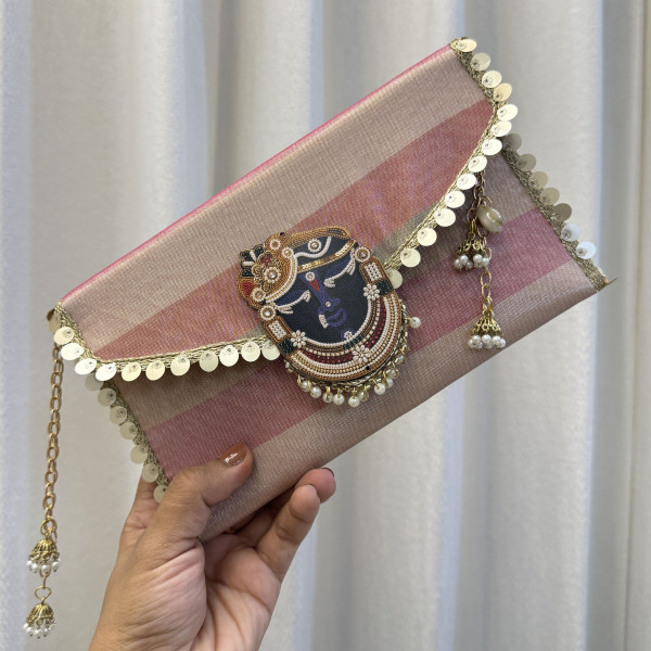 Multicolor Striped Tissue Shrinathji Money Envelope with Pearl Hangings – Pack of 5