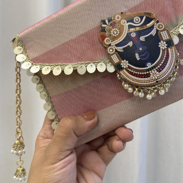 Multicolor Striped Tissue Shrinathji Money Envelope with Pearl Hangings – Pack of 5