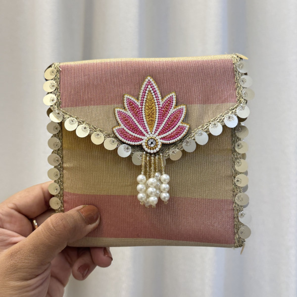 Multicolor Striped Tissue Lotus Coin Pouch with Pearl Detailing – Pack of 5