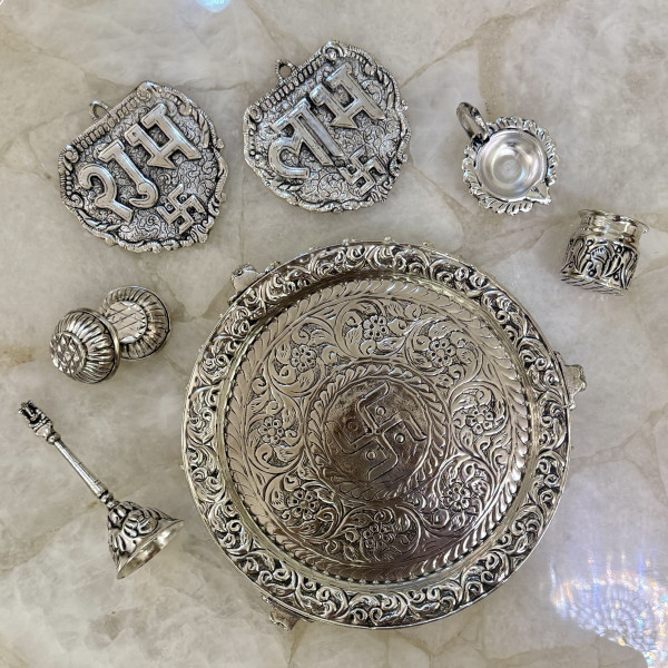 Brass Thali Set with Ghungroo Detailing – Complete Puja Set