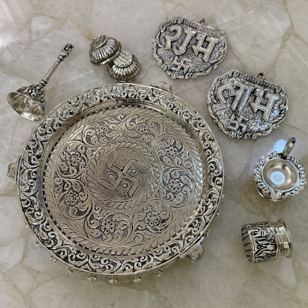 Brass Thali Set with Ghungroo Detailing – Complete Puja Set