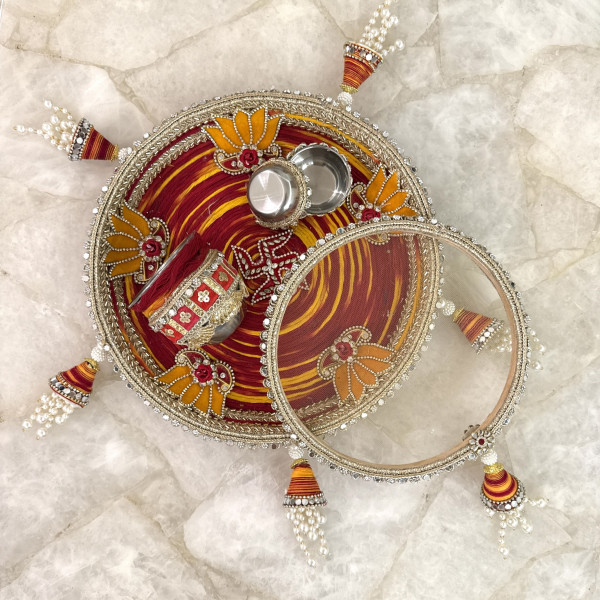 Red & Yellow Moli Lotus Handcrafted Karwa Chauth Thali Set
