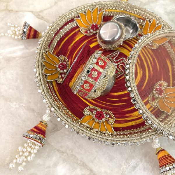 Red & Yellow Moli Lotus Handcrafted Karwa Chauth Thali Set