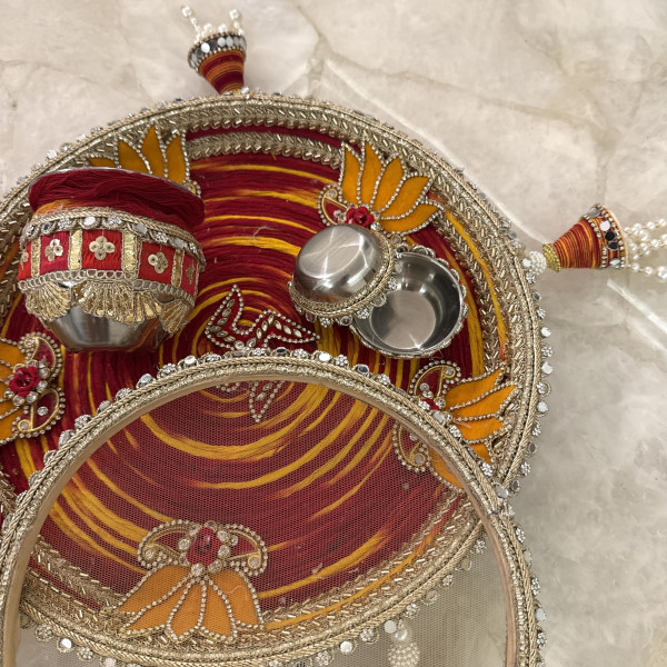Red & Yellow Moli Lotus Handcrafted Karwa Chauth Thali Set