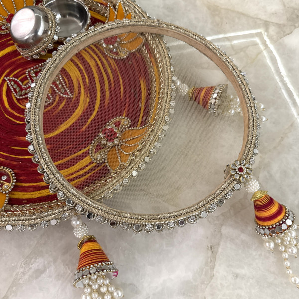 Red & Yellow Moli Lotus Handcrafted Karwa Chauth Thali Set