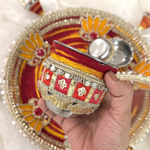 Red & Yellow Moli Lotus Handcrafted Karwa Chauth Thali Set