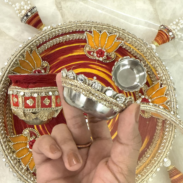 Red & Yellow Moli Lotus Handcrafted Karwa Chauth Thali Set