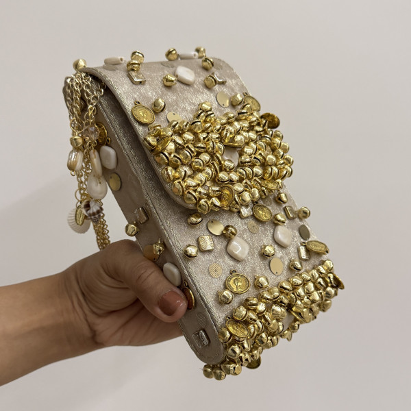 Shimmering Champagne Gold Ghungroo Mobile Sling Bag