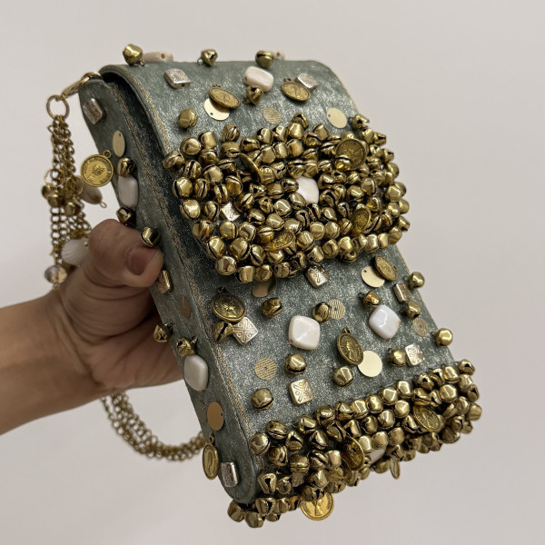 Shimmering Slate Green Ghungroo Mobile Sling Bag