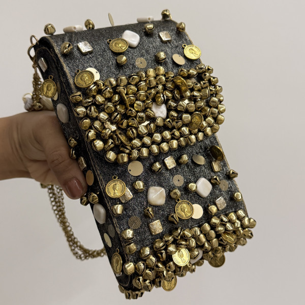 Shimmering Charcoal Greyish Black Ghungroo Mobile Sling Bag