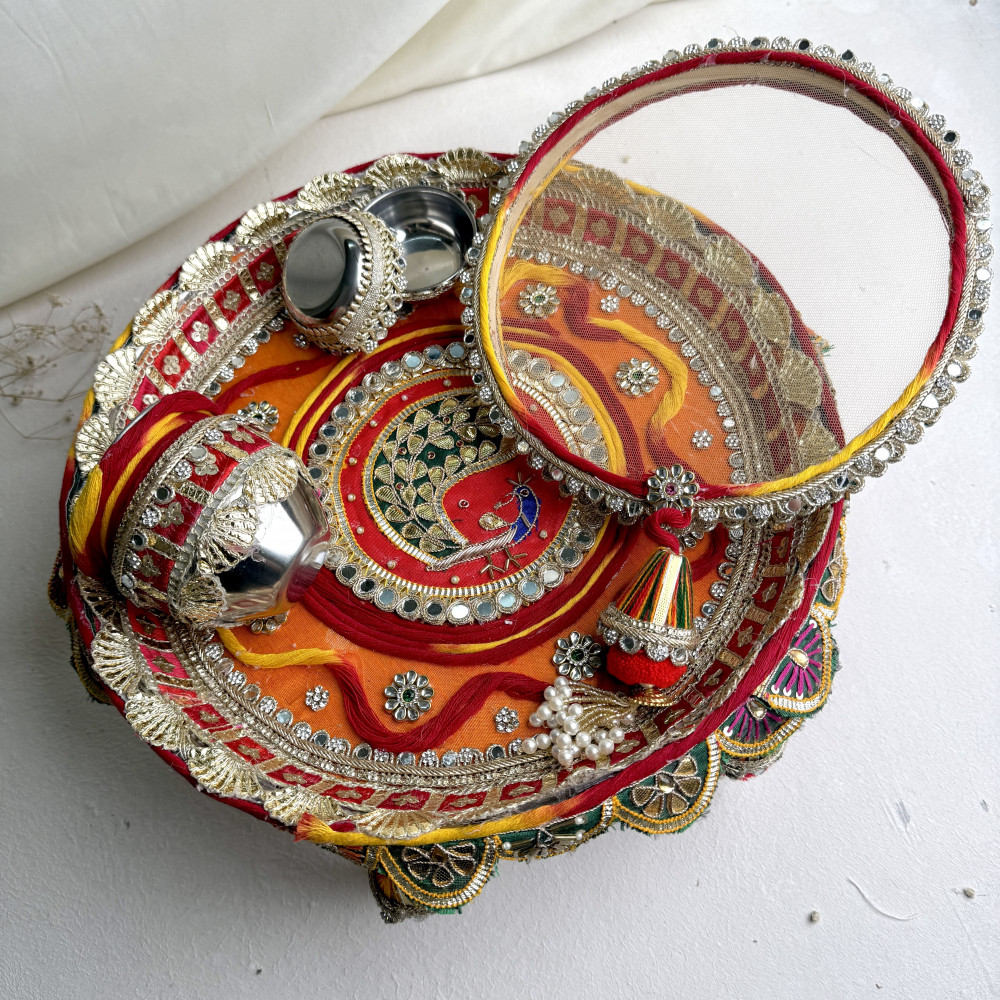 Image of Gota Patti Peacock Handcrafted Karwa Chauth Thali Set