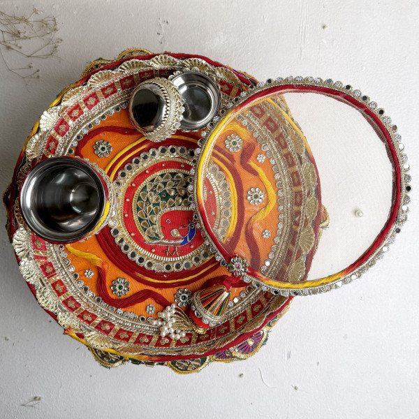 Gota Patti Peacock Handcrafted Karwa Chauth Thali Set