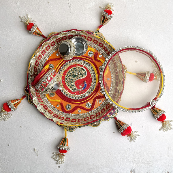 Gota Patti Peacock Handcrafted Karwa Chauth Thali Set