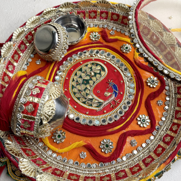 Gota Patti Peacock Handcrafted Karwa Chauth Thali Set
