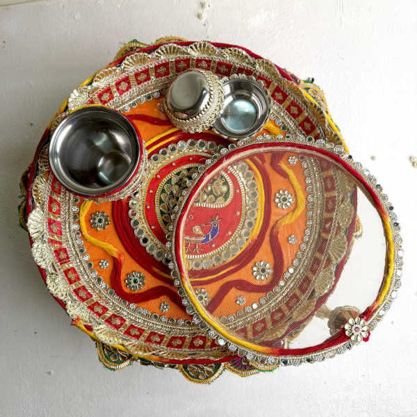 Gota Patti Peacock Handcrafted Karwa Chauth Thali Set