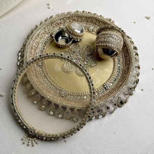 Golden Beige Classic Handcrafted Karwa Chauth Thali Set